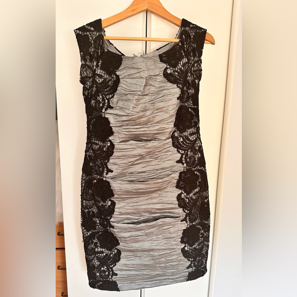 Cocktail silver/metallic ruched dress with lace detailing